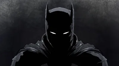 A caped figure in a horned cowl faces forward, white eyes burning against a scratched grey background.
