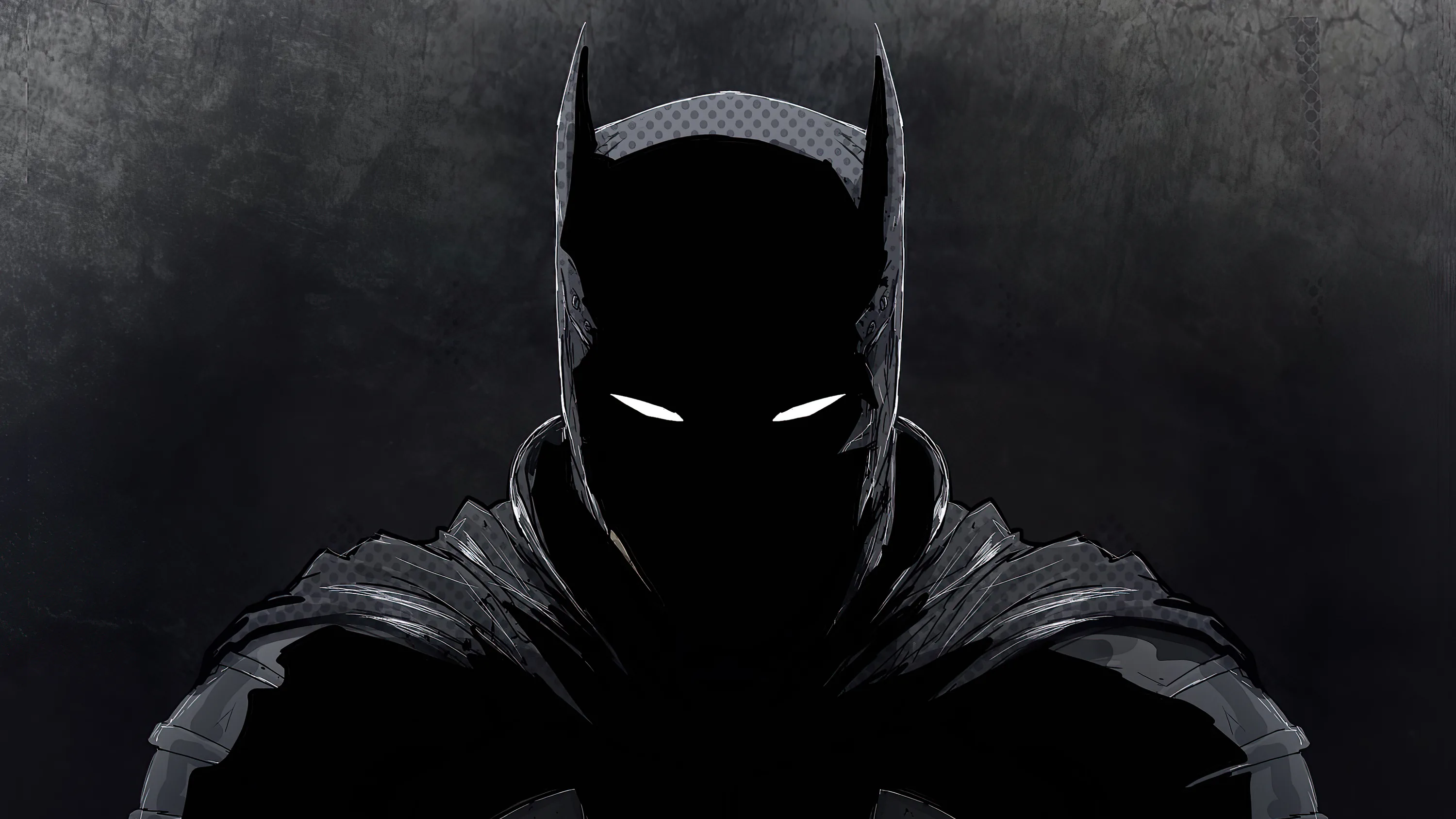 A caped figure in a horned cowl faces forward, white eyes burning against a scratched grey background.