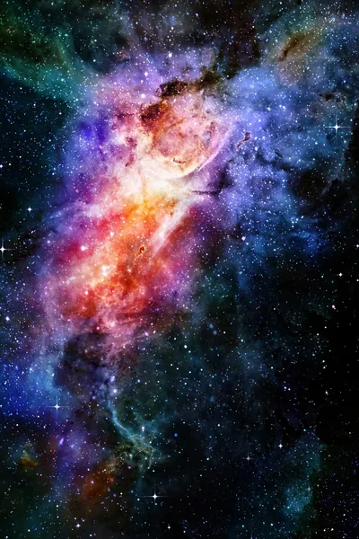A ragged column of orange and violet gas rises through black space, edged in blue starlight — the darkest corners sit at top and bottom for icons.