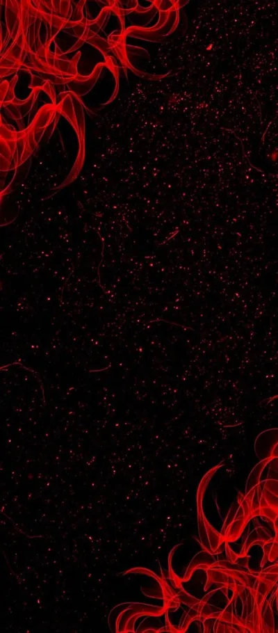 Thread-like red flames curl in from the corners of a speckled black field, leaving the centre of the screen clear and dark for app icons.