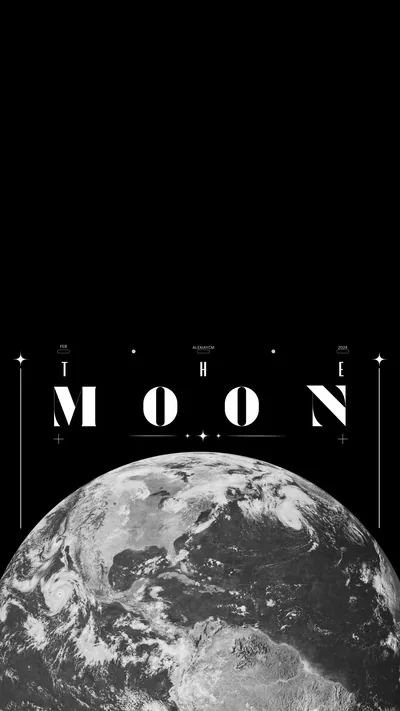 The word MOON in thin spaced lettering above a monochrome planet rising from the bottom edge; the upper half stays true black for icons.