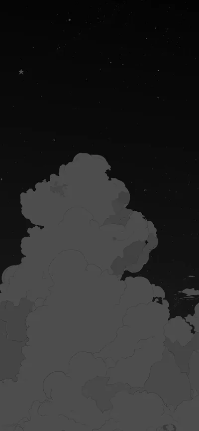 A towering grey cumulus fills the lower half of a tall frame, a few faint stars scattered across the dark sky above it.