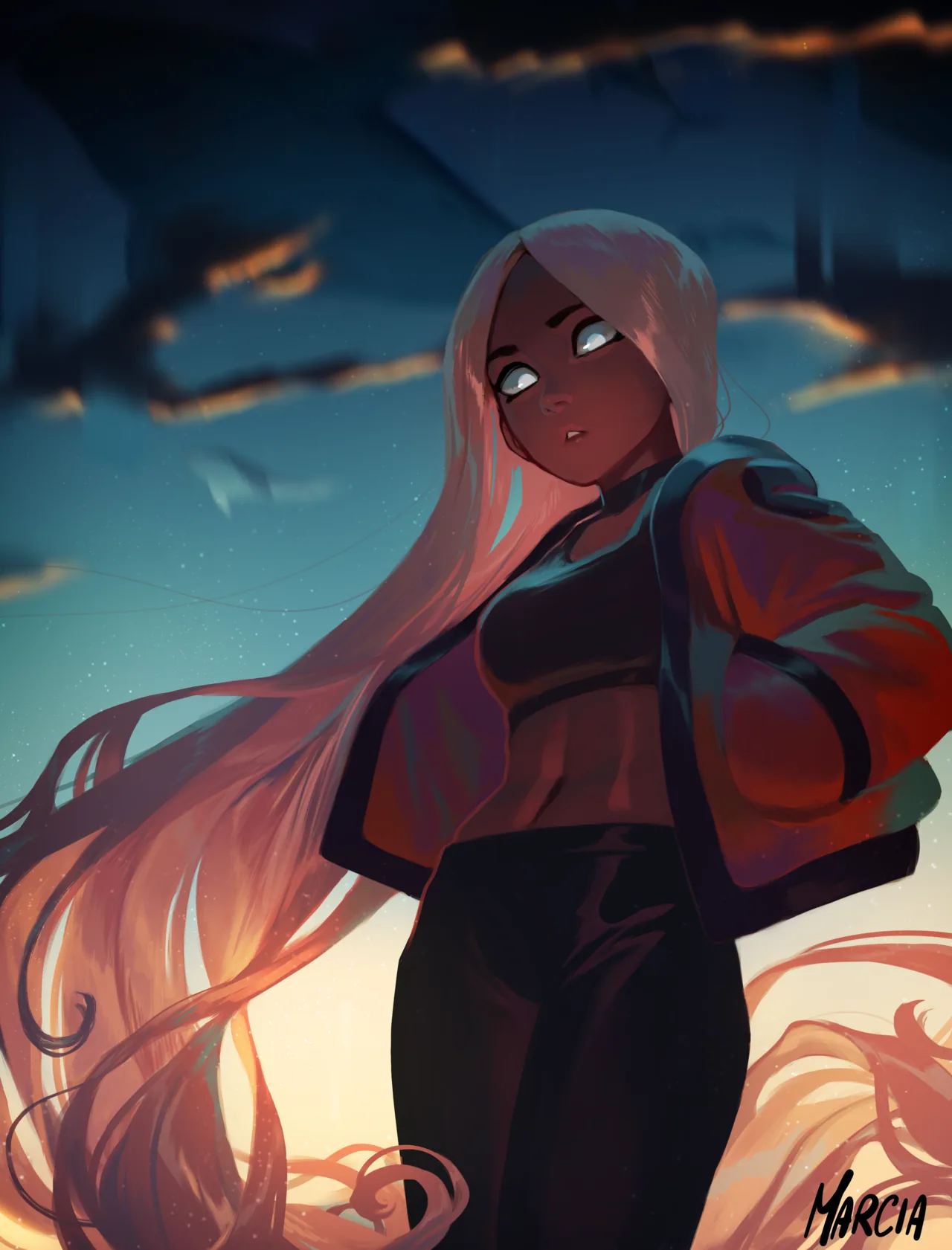 A girl with floor-length silver hair stands in an orange jacket against a deep blue dusk sky, sunset light rising from the bottom edge.