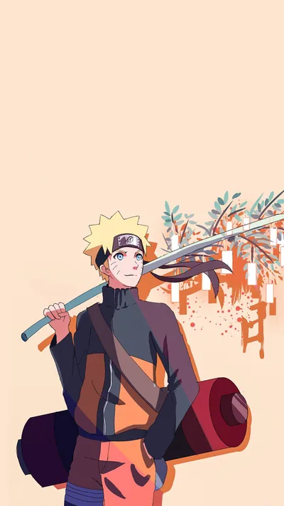 Naruto carries a staff and bedroll over one shoulder in a clean vector style, the pale peach background left empty across the top for a phone clock.
