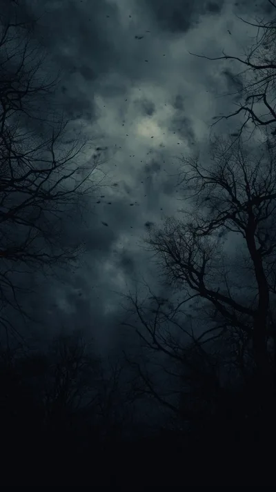 Leafless branches reach in from both sides beneath grey-blue storm clouds, a few birds scattered near the top of a painted night sky.