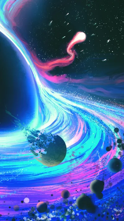 A swirling disc of blue and magenta light bends around a black core, with small planets and debris caught in the spiral.