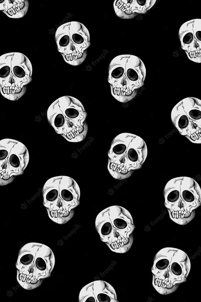 Identical grinning skulls tile the whole frame in offset rows, each one drawn in white line work on a plain black ground.