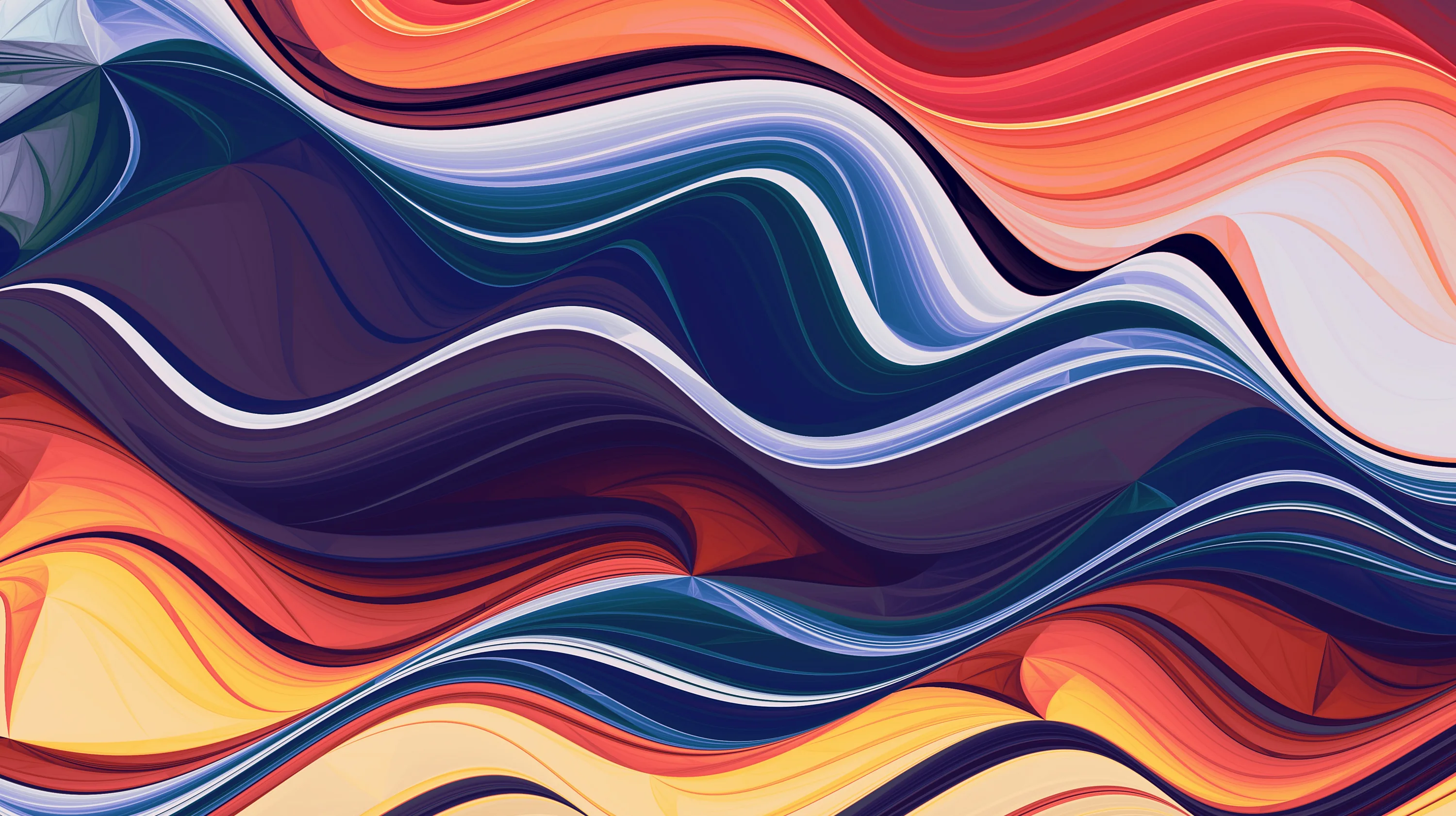 Bands of wavy paint stack from top to bottom in navy, cream, coral, and plum, each stripe rippling like silk pressed under glass.