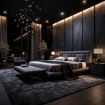 A rendered black bedroom lit only by warm ceiling spots, textured wall panels behind the bed catching the light while the floor falls into shadow.