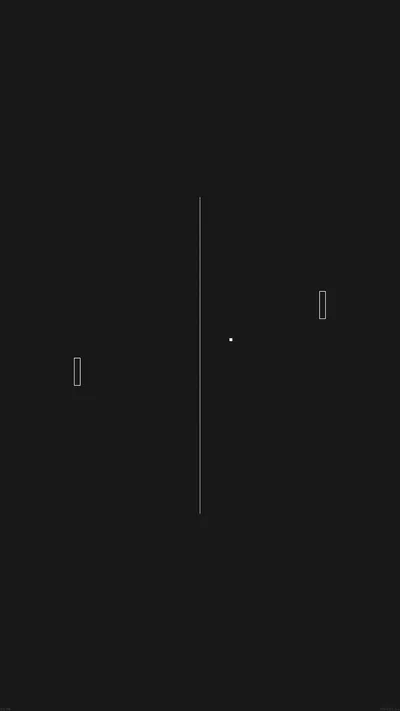 Two tiny paddles, a centre line and one ball dot recreate the classic arcade game on flat charcoal, leaving almost the entire screen as empty space.