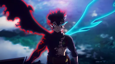 Asta stands centred over a twilight lake, a red devil wing unfurling on his left and a stream of cyan light on his right, the corners kept dim.