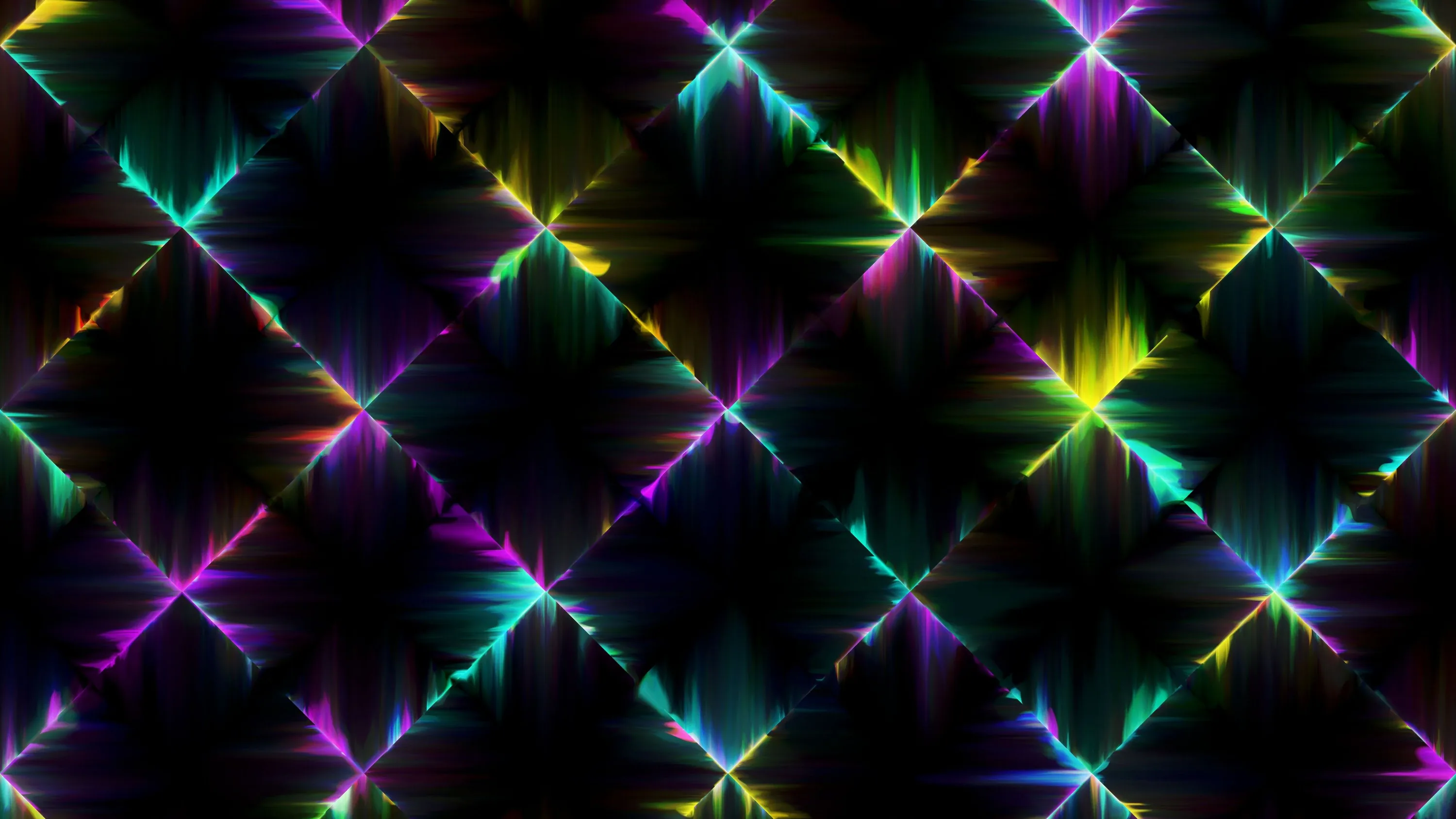 Bursts of green, magenta and yellow light repeat in a diagonal diamond grid, each one smearing sideways into horizontal streaks against the black gaps.