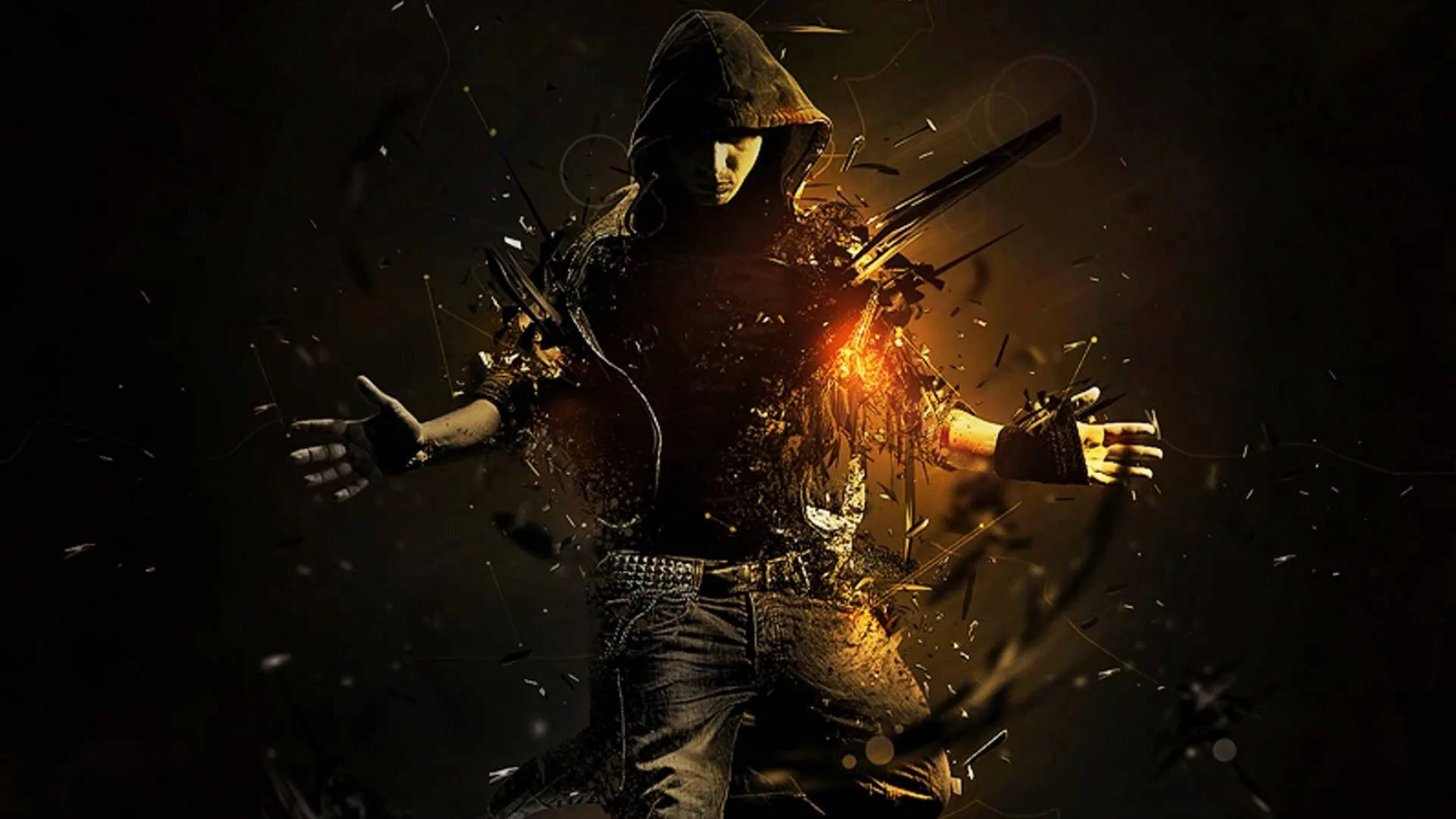 A hooded fighter with blades erupts into orange embers and shattered fragments, the corners of the frame left deep brown-black.