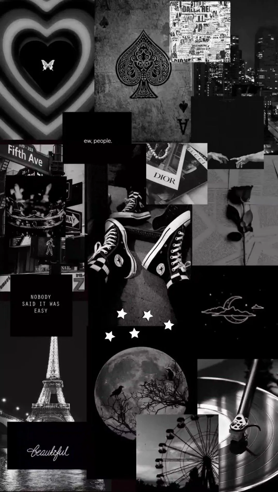 Small monochrome photos tile the frame — a moth's wings at the centre, the Eiffel Tower low down, a spade card and a neon heart near the top.