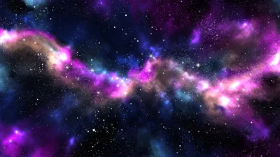 A band of magenta and blue gas runs across a dense star field, brightest at the centre and fading toward black corners.