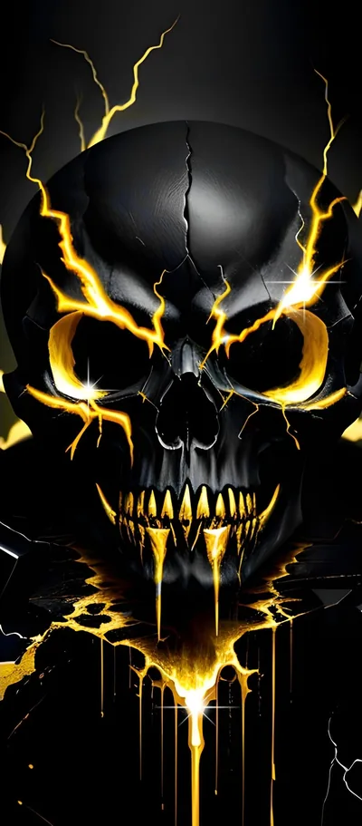 Yellow electricity splits a matte black skull down the brow and drips from its fangs, filling a tall phone frame end to end.