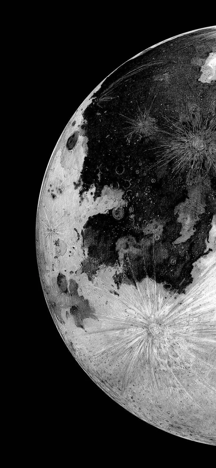 Ray craters and dark maria show in sharp black and white along the moon's lit edge, the left third pure black for app icons.