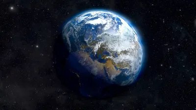 A soft-lit render with Africa and Europe under thin cloud, the globe raised just above centre so the lower star field stays clear for a dock.