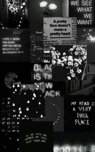 Torn photos, fairy lights and blossoms are pasted together in monochrome, cut through by lines such as 'we see what we want'.