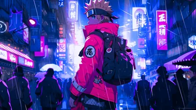 Seen from behind, a boy in a pink jacket and headband walks a rain-soaked street of purple neon signs, umbrella-carrying crowds fading into the glow.
