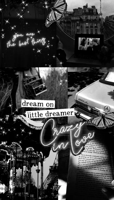 Street lamps, a carousel and a parked car in grey tones, with cursive script and a small quote card layered over the middle.