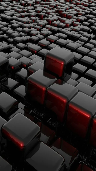 A field of 3D blocks stretches to the horizon, a few of them lit from within in red while the rest stay matte black.