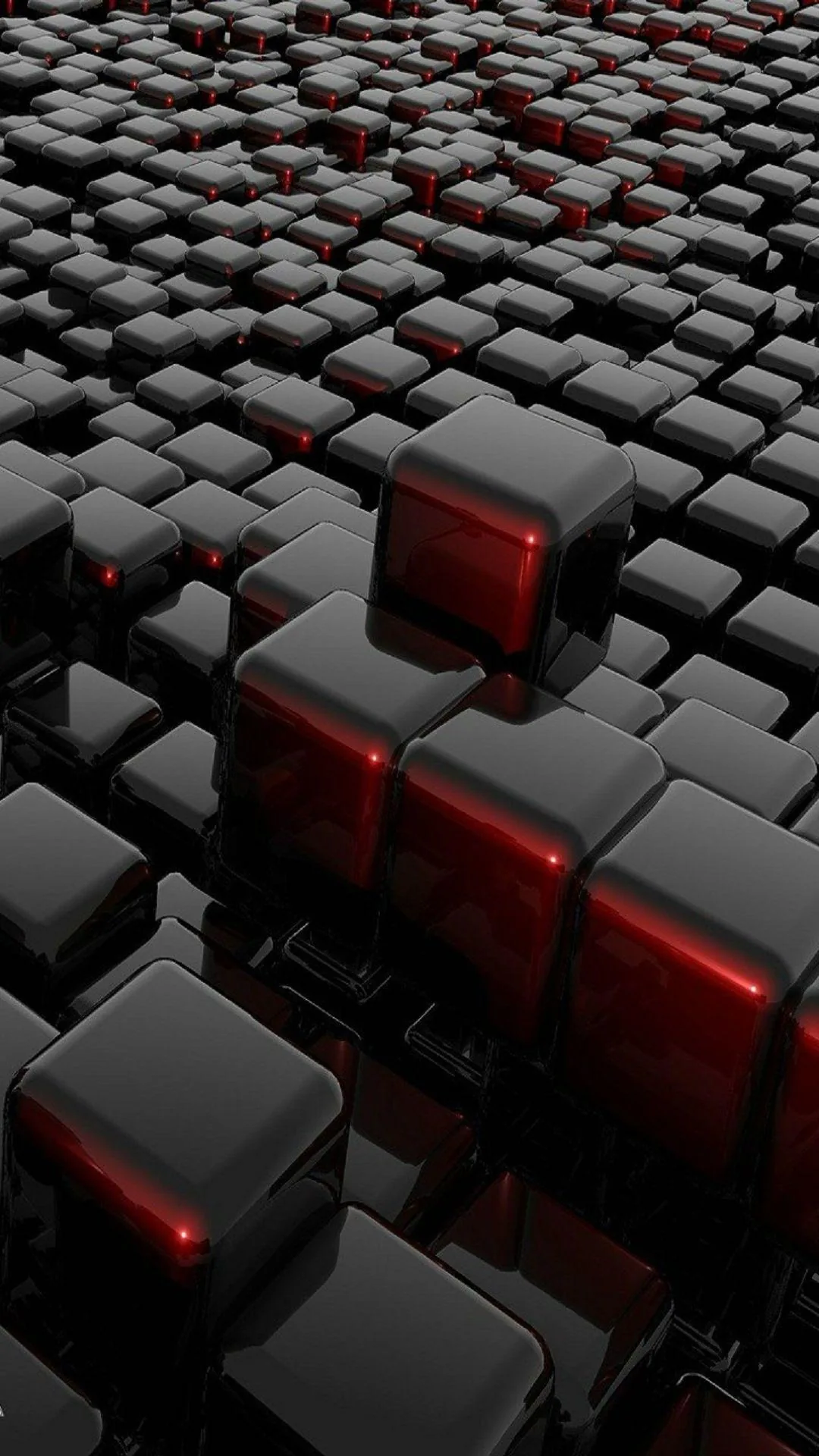 A field of 3D blocks stretches to the horizon, a few of them lit from within in red while the rest stay matte black.