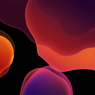 Rounded blobs in red, orange and purple drift over a black square, their gradients bleeding into each other where they overlap.
