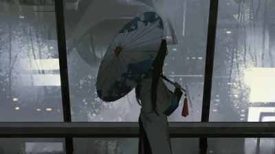 Seen from behind through a rain-streaked window, a girl in white holds a folded paper umbrella over her shoulder in cold grey light.