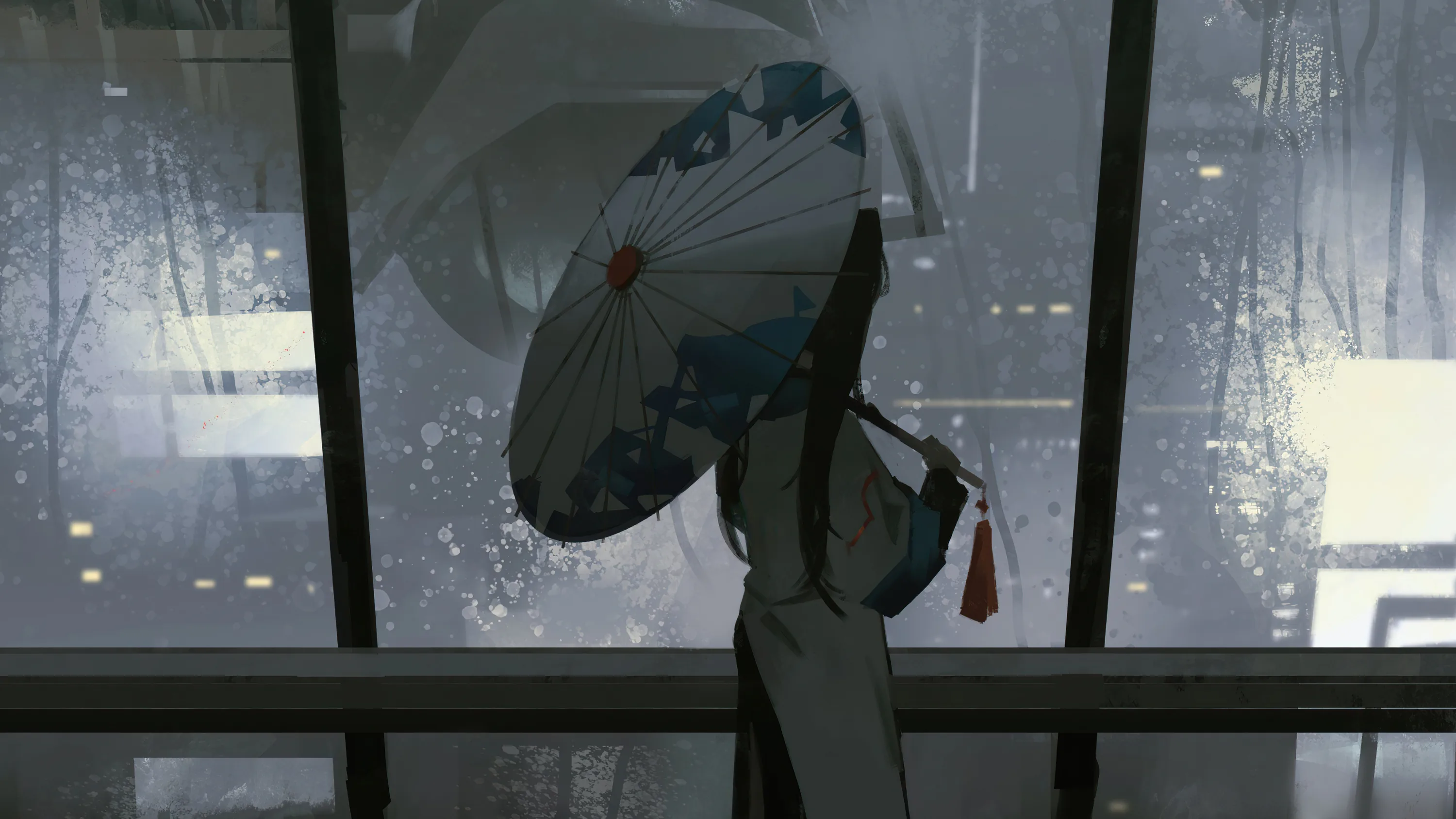 Seen from behind through a rain-streaked window, a girl in white holds a folded paper umbrella over her shoulder in cold grey light.