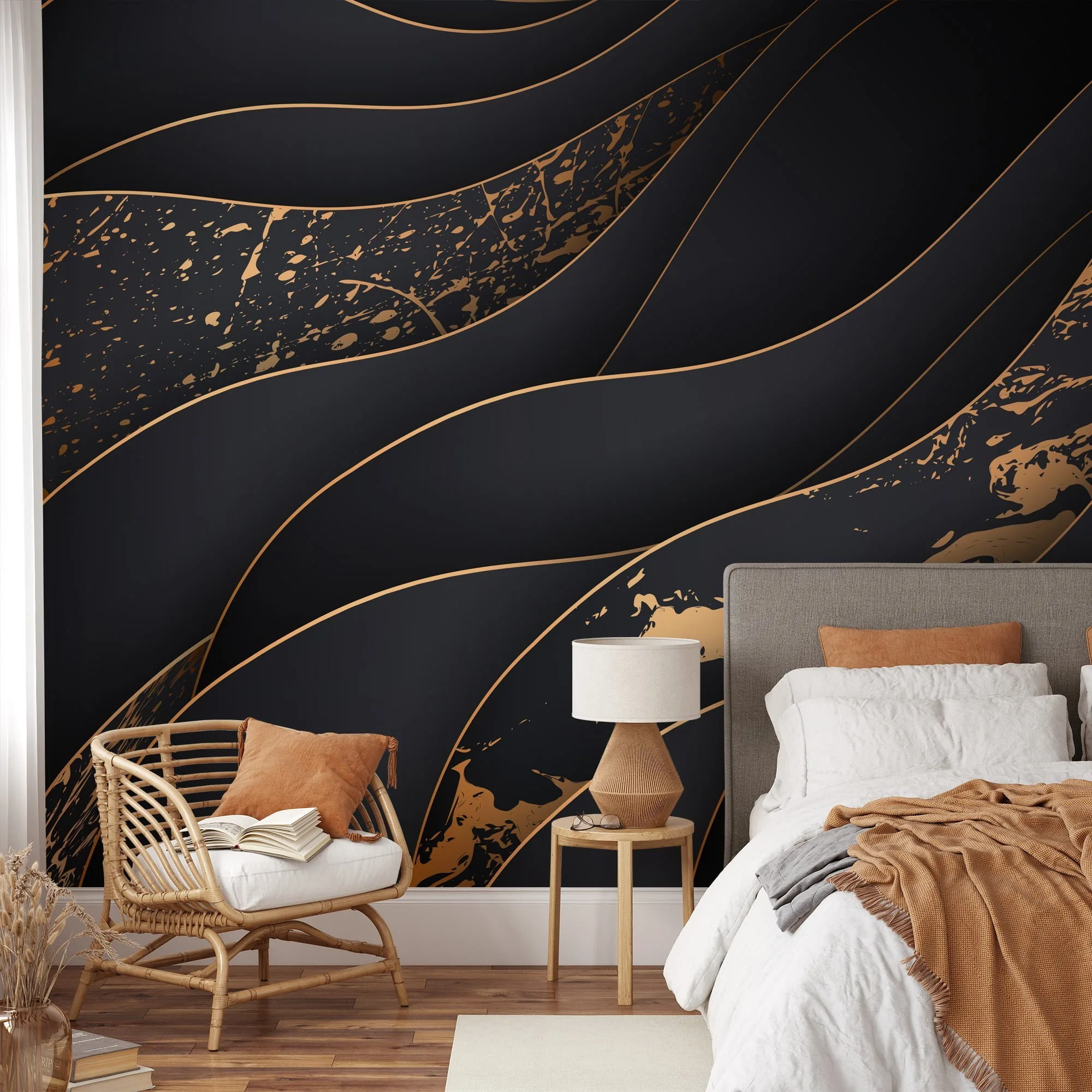 Layered black waves edged in gold flow across a bedroom wall, brightest along the top edge; a rattan chair anchors the lower left.