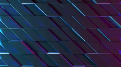 Brushed dark panels sit at a diagonal, each bevel catching a thin line of blue or magenta light.