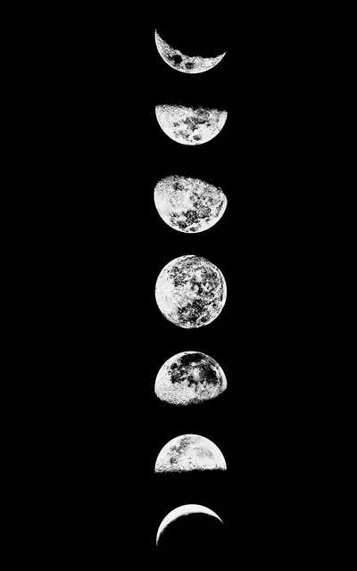 Seven phases of the moon stack in a vertical column on pure black, craters sharp on the full disc in the middle.