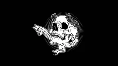 A traditional tattoo skull with leaves in its crown sits above a curling banner, inked in white line work on a black field.