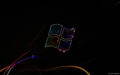 The old four-colour Windows flag drawn as thin glowing lines, with orange and violet light trails curling away below it across a black field.