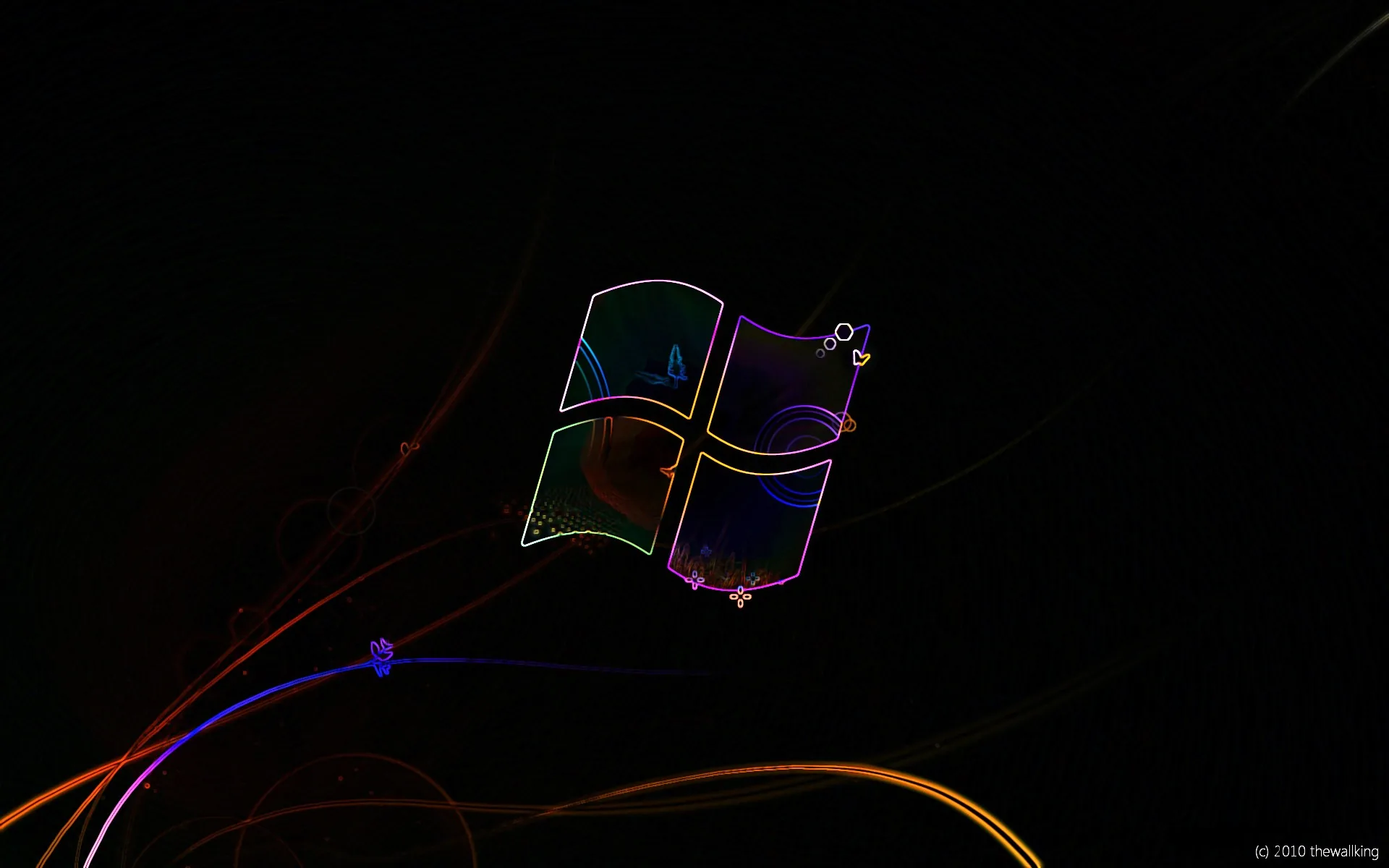 The old four-colour Windows flag drawn as thin glowing lines, with orange and violet light trails curling away below it across a black field.