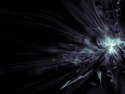 A cluster of dark glass shards splits open around a teal core, streaks trailing to the left across the frame.
