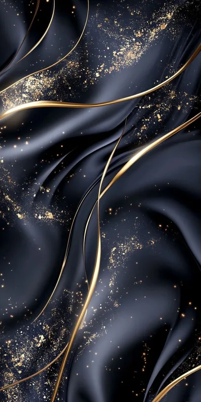 Folds of dark navy silk ripple down the frame, traced by thin gold lines and scattered gold flecks that catch the light.