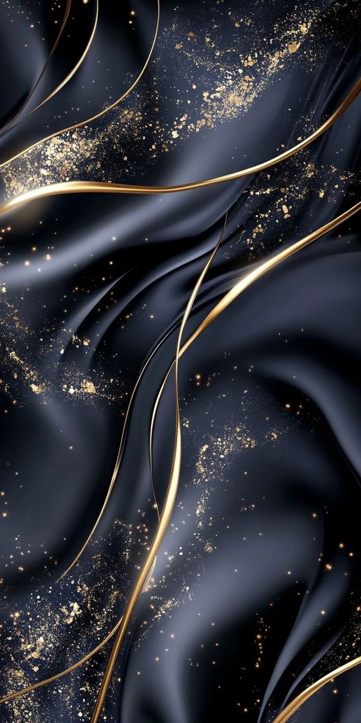 Folds of dark navy silk ripple down the frame, traced by thin gold lines and scattered gold flecks that catch the light.