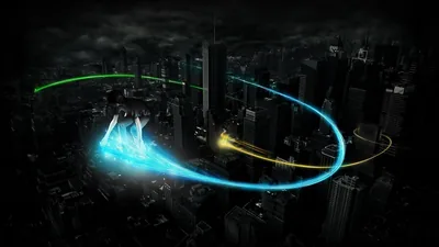 Aerial view of a night skyline in blue-grey, with cyan, green and yellow light streaks arcing between the towers.