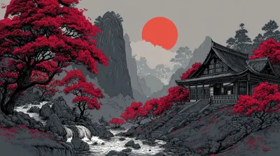 Red maples line a rocky stream that runs toward the viewer, a large orange sun hanging between grey cliffs behind the wooden house on the right.