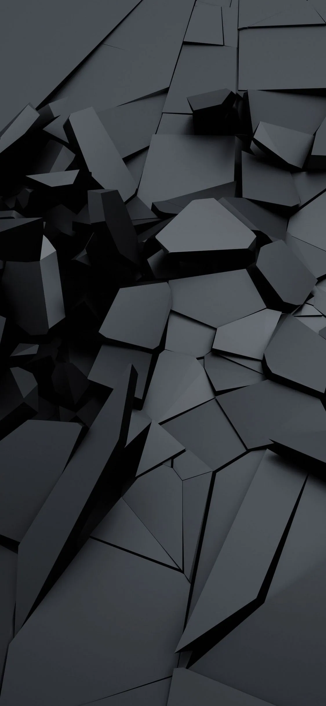 Angular slabs of matte black break apart and tumble toward the viewer, hard edges catching a cold light while the gaps drop to full black.