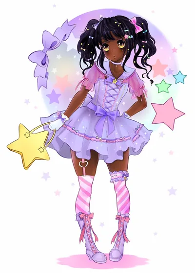 Twin curly pigtails and a lilac frilled dress, striped thigh highs and a yellow star wand, floating stars scattered on white.