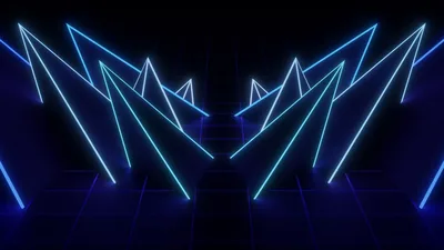 Jagged synthwave peaks in cyan and blue rise symmetrically from a dark grid floor, leaving a black gap at dead centre for a clock.