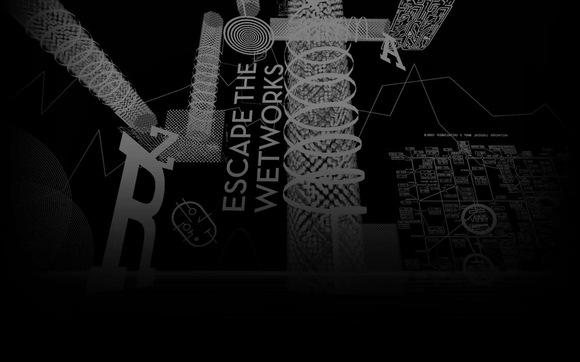 Chalk-style coils, pistons and diagrams surface from near-black, a vertical caption reading Escape the Wetworks while the left half stays almost fully dark.