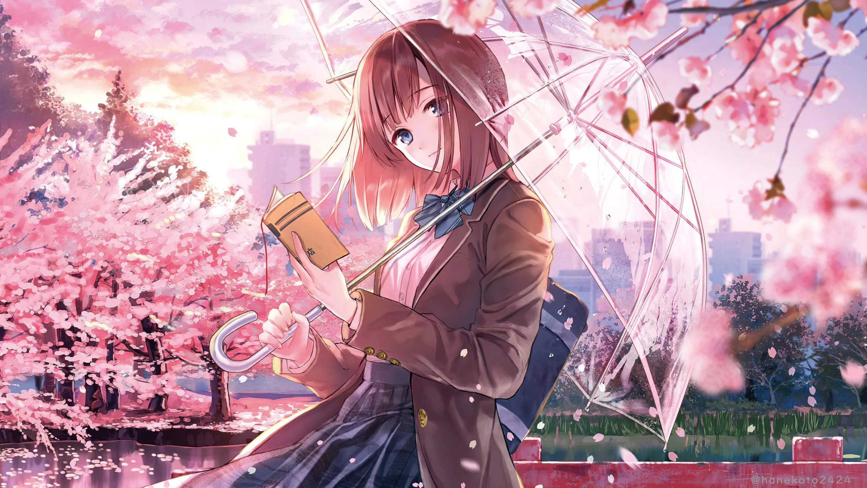 A girl in a school uniform reads under a transparent umbrella as pink petals drift past, the sakura canopy blurring softly behind her.