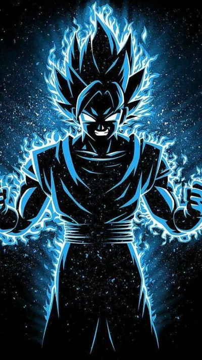 Electric blue outlines trace the spiky hair and open fists of a Saiyan on a near-black starfield, leaving the topmost band dark for the status bar.