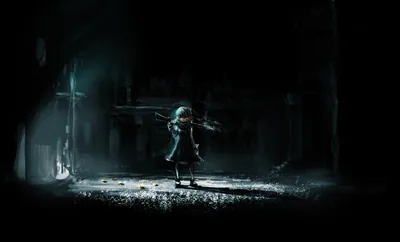 A tiny figure with pale hair stands alone in a derelict wooden room, a cold teal light from the left picking out dust and broken beams.