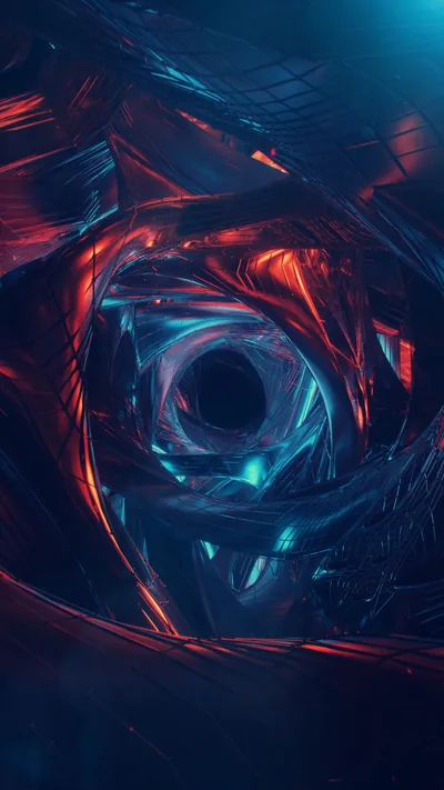 Sharp red and blue shards spiral inward around a black hole at the centre, the glow strongest along the ridged edges.