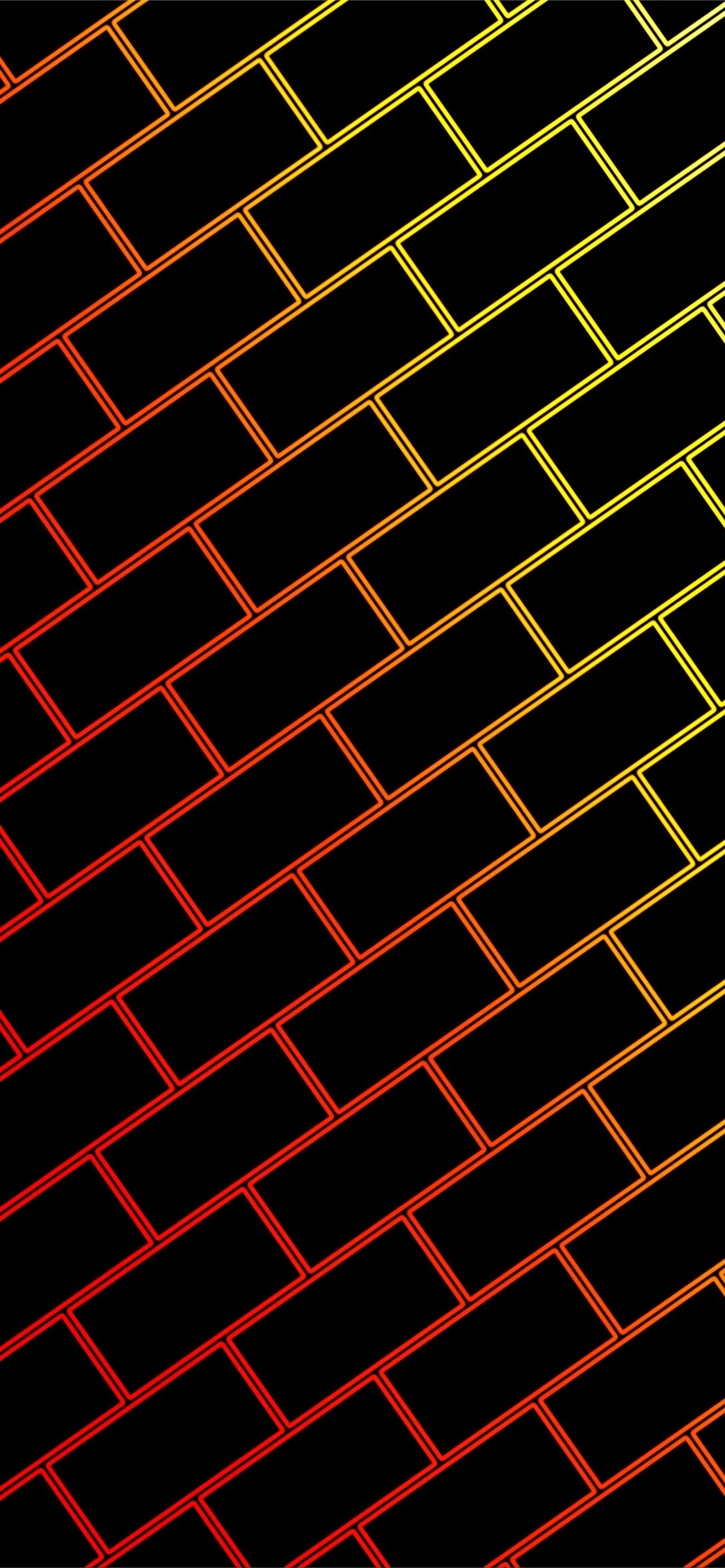 A brick wall drawn as outlines only, running diagonally and shifting from red at the bottom to yellow at the top, every brick face left black.